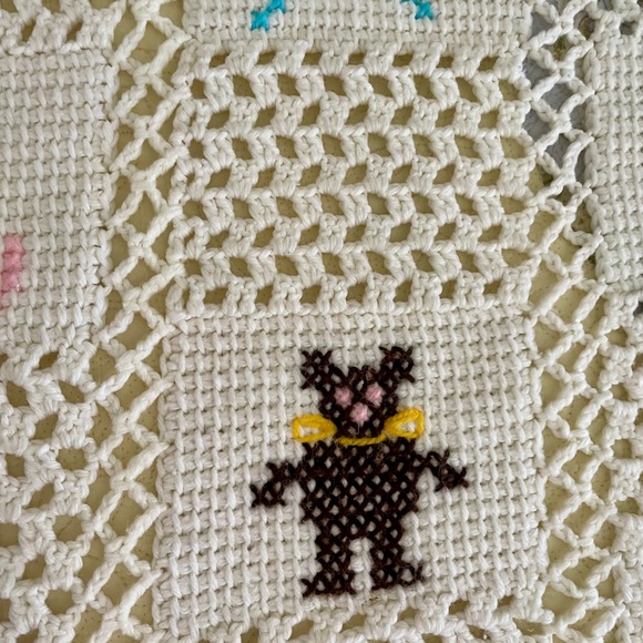 Handmade Crocheted Blanket with Cross Stitch Design, White Background. - Picture 4 of 5